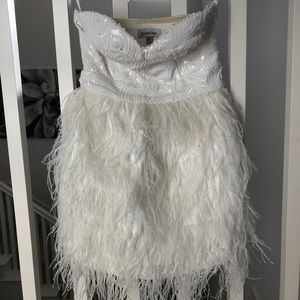 Bebe - white strapless dress with sequins feathers